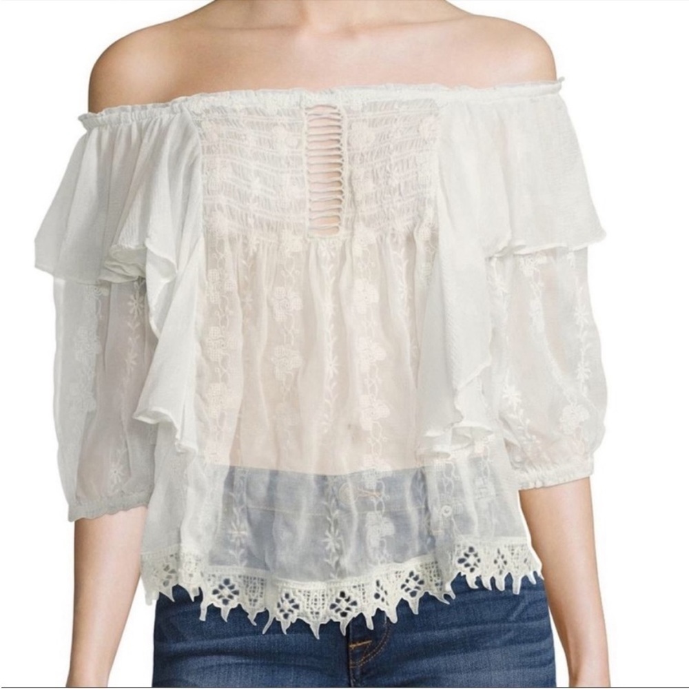 Free People Cream Lace Peasant Blouse with Ruffled Shoulders - Picture 15 of 16